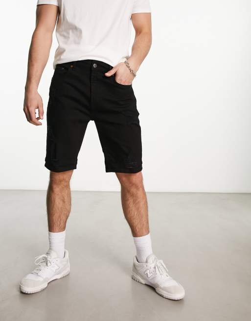 Mens ripped denim hot sale shorts black