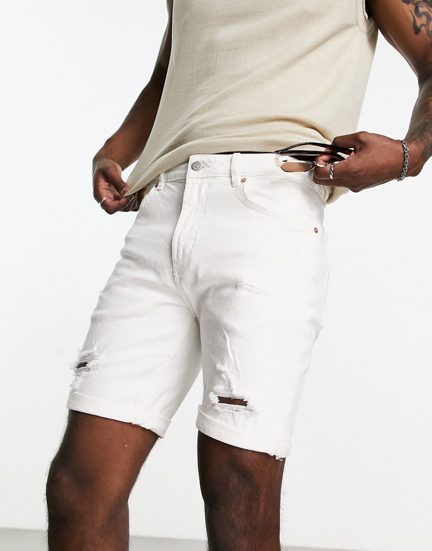 Pull & Bear ripped slim denim shorts in white