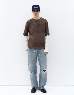 Pull & Bear Ripped Straight-leg Jeans In Blue