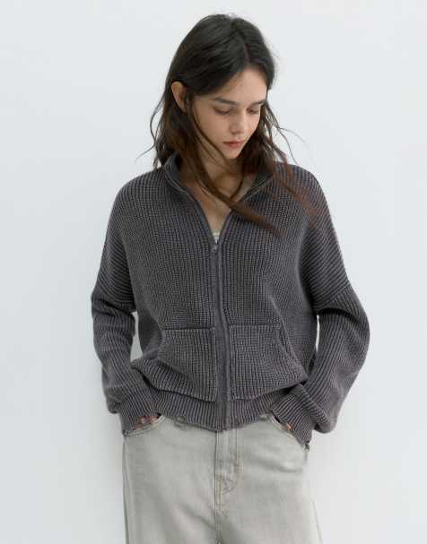 Pull&Bear Ripped zip-up cardigan in faded black - view 1