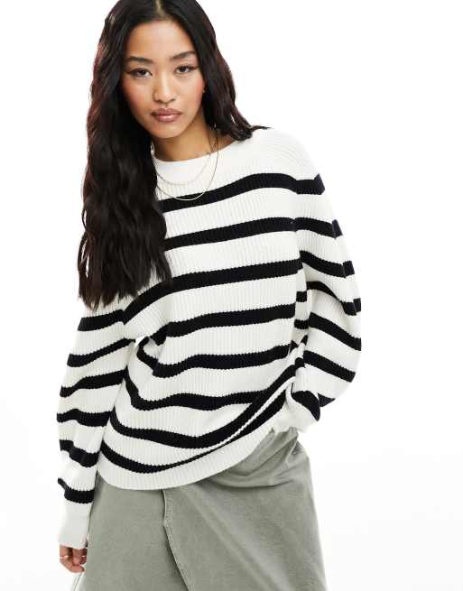 Pull&Bear – Rippstrickpullover mit kastigem Schnitt in Ecru gestreift