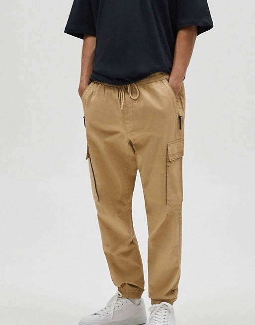 Trousers & Chinos Pull&Bear ripstop utility cargo trousers in beige 