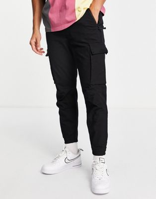 Pull&Bear ripstop utility cargo trousers in black