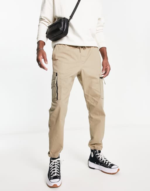 Pull&Bear ripstop zip pocket cargos in camel | ASOS