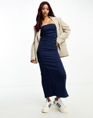 Pull&Bear seamless stretch denim bandeau maxi dress in indigo blue - ASOS Price Checker