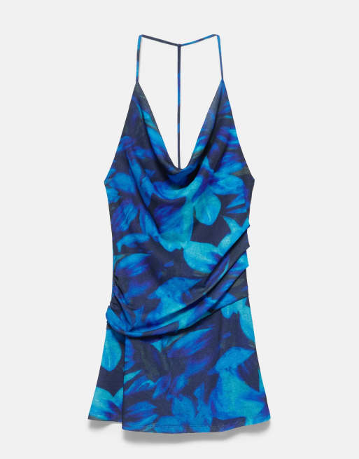 Pull&Bear - Robe courte à bretelles fines et imprimé fleuri - Bleu foncé, 6 de 7