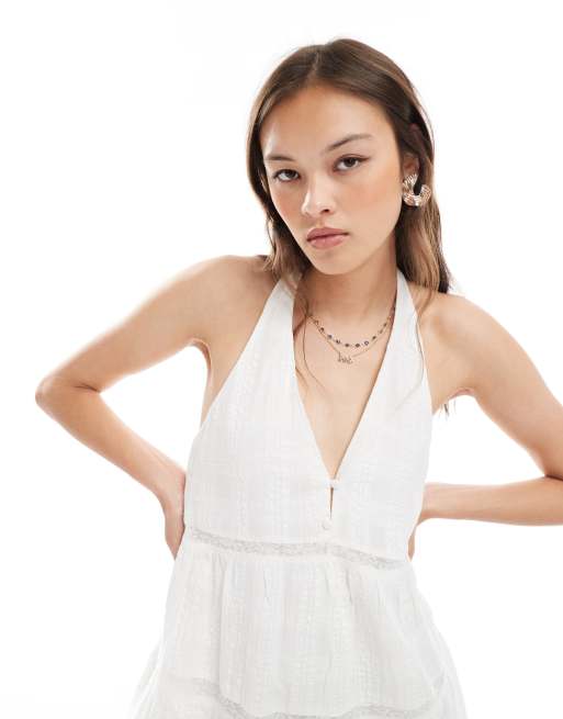 Pull&Bear - Robe courte à volants avec finitions en dentelle - Blanc, 4 de 4
