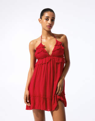 Pull & Bear - Robe courte à volants - Rouge