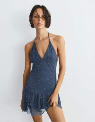 Pull & Bear - Robe courte dos nu ornée de perles - Océan-Bleu marine S