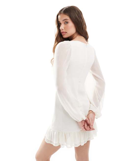 Pull&Bear - Robe courte volantée à manches longues - Blanc, 4 de 4