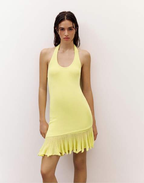 Pull&Bear - Robe dos nu asymétrique en maille - Citron vert - view 1
