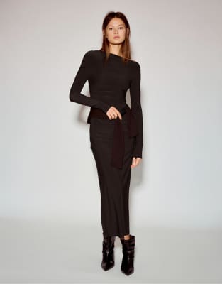 Pull & Bear - Robe drapée mi-longue en tissu doux - Marron-Brown S