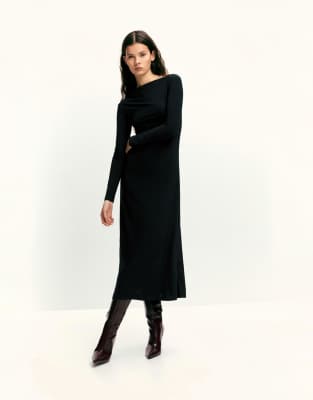 Pull & Bear - Robe drapée mi-longue en tissu doux - Noir XS