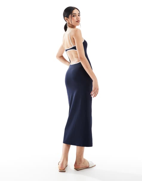 Pull&Bear - Robe longue à dos nu et bords contrastants - Bleu marine - view 1