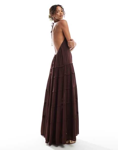 Pull&Bear - Robe longue à volants étagés et dos échancré - Marron - view 1