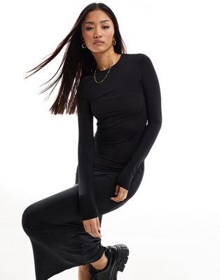 Pull&Bear long sleeved soft shaping maxi dress in black - ASOS Price Checker