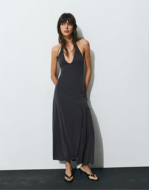 Pull&Bear - Robe longue en cupro à dos nu - Gris foncé, 3 de 4