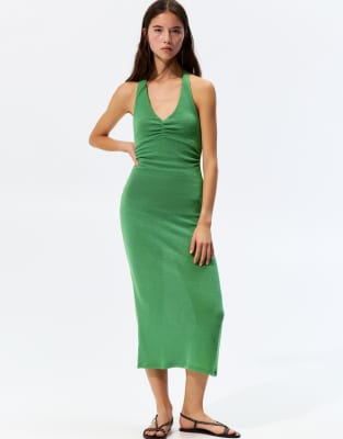 Pull&Bear - Robe mi-longue à dos nu en maille - Vert moyen - view 1