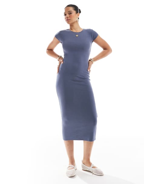 Pull&Bear - Robe mi-longue à manches courtes en polyamide - Bleu - view 1