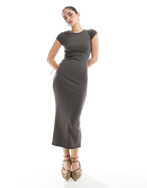 Pull&Bear - Robe mi-longue à manches courtes en polyamide - Gris - view 1