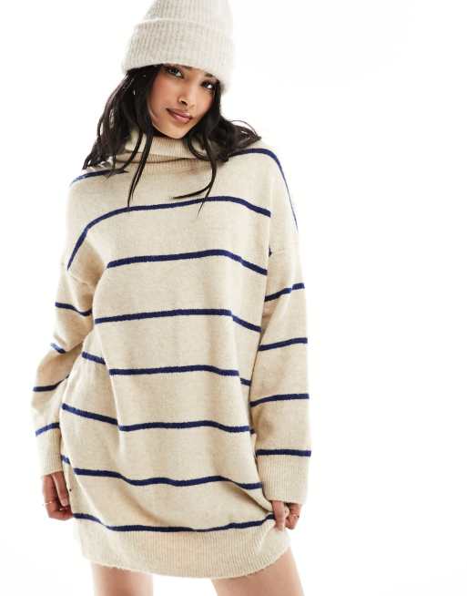 Pull&Bear - Robe pull en maille à rayures avec col roulé - Sable, 2 de 4