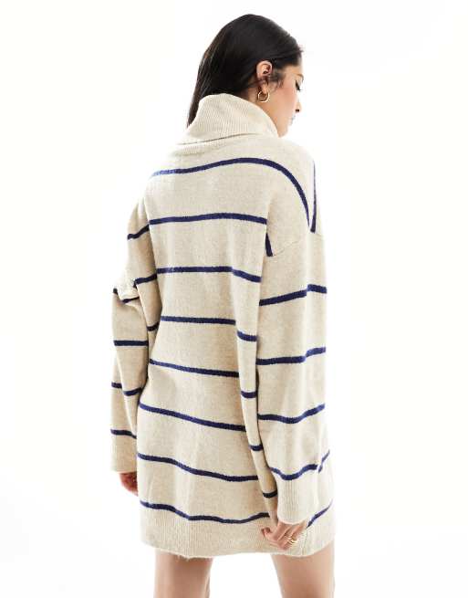 Pull&Bear - Robe pull en maille à rayures avec col roulé - Sable, 4 de 4