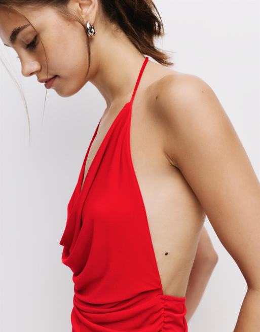Pull&Bear – Röd, kort klänning med halterneck och drapering