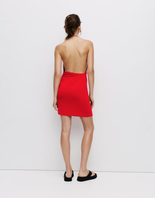 Pull&Bear – Röd, kort klänning med halterneck och drapering