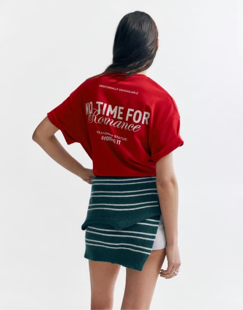 Pull&Bear – Röd t-shirt med Romance-tryck - view 1