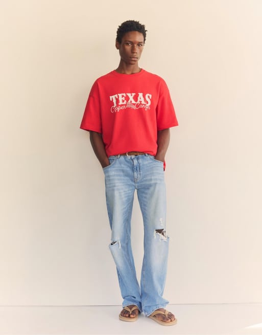 Pull&Bear – Röd t-shirt med Texas-tryck, 4 av 4