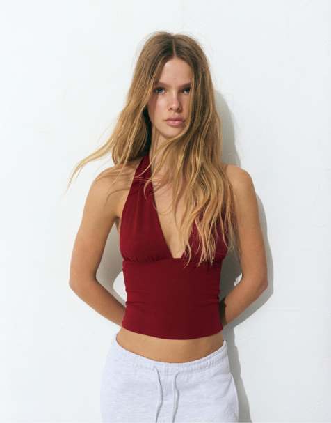 Pull&Bear – Rödbrun balconette-topp med halterneck - view 1