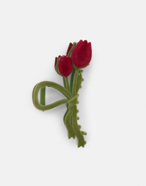 Pull&Bear – Rödbrun hårklämma med blomma i sammet - view 1