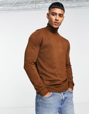 Pull&Bear roll neck jumper in brown exclusive at ASOS