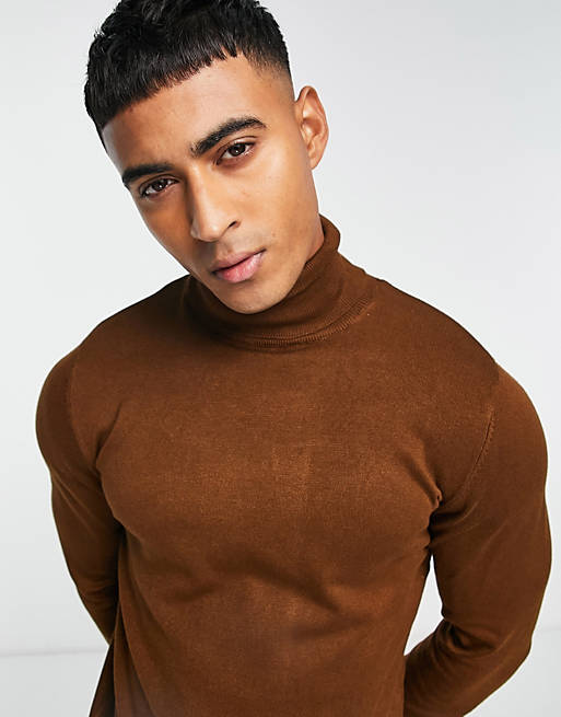Pull&Bear roll neck jumper in brown exclusive at ASOS | ASOS