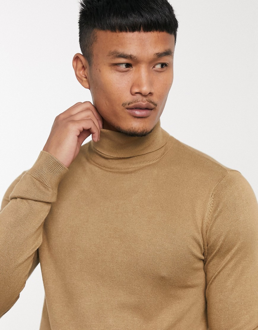 Pull & Bear roll neck sweater in tan-Brown