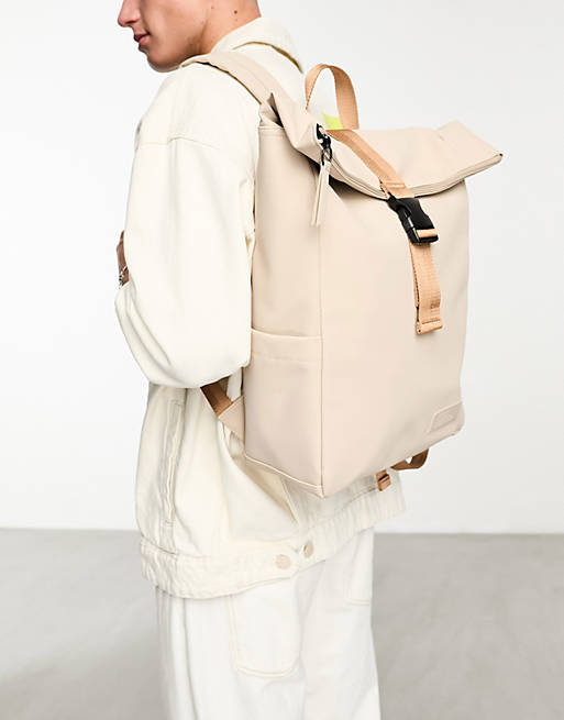 Pull&Bear roll top backpack in beige | ASOS