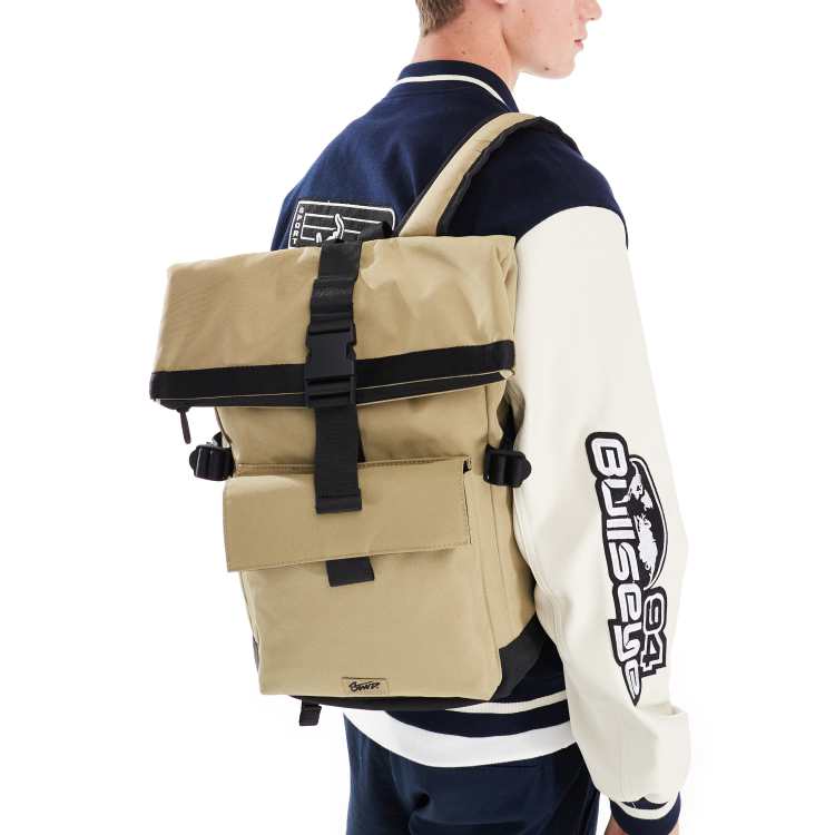 Pull&Bear roll top buckle detail back pack in tan ASOS