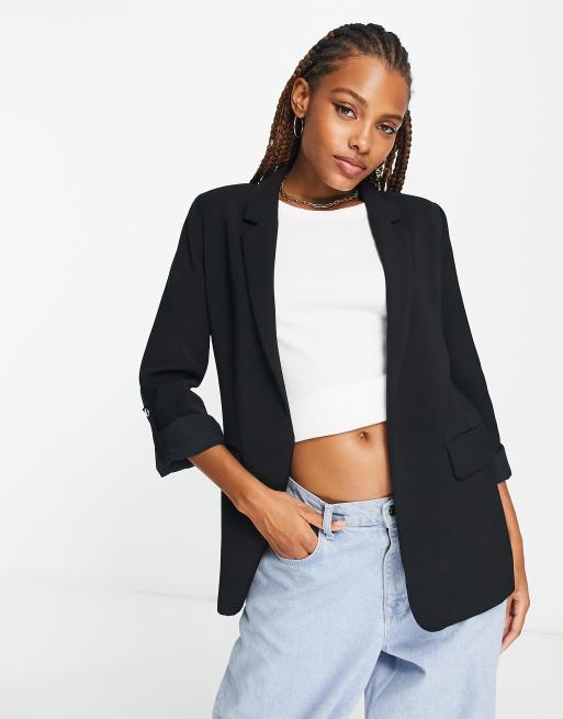 Pull&Bear rolled up sleeve blazer in black | ASOS