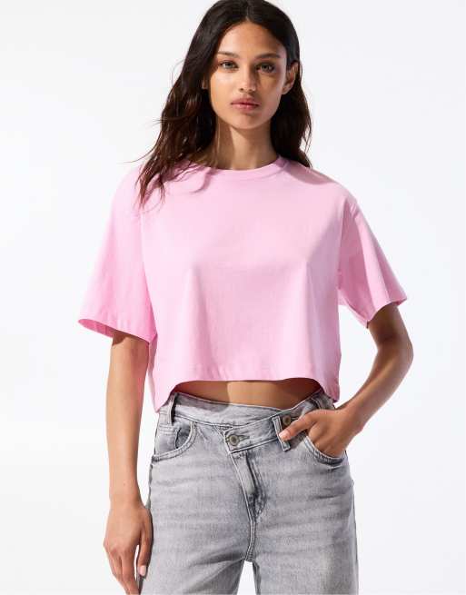 Pull&Bear – Rosa, kortärmad t-shirt i kort design