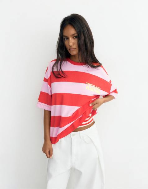 Pull&Bear – Rosa, randig t-shirt i oversize med tryck - view 1