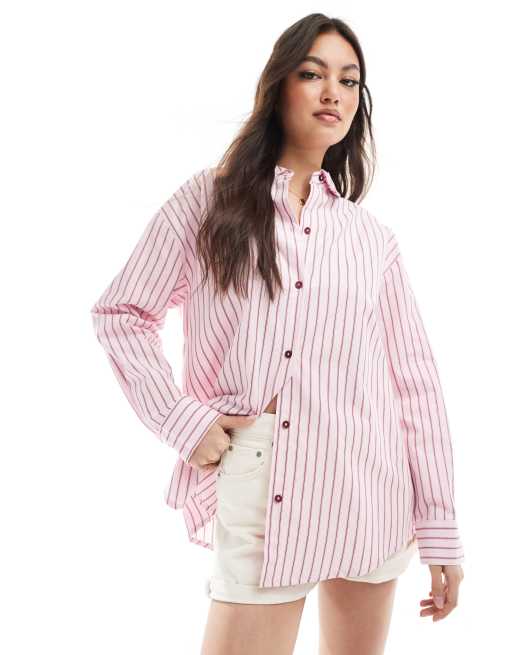 Pull&Bear – Rosa skjorta i oversize med kontrasterande ränder, 2 av 4
