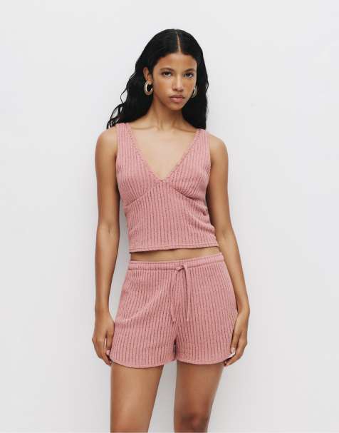 Pull&Bear – Rosa, stickad topp med spetsdetalj - view 1
