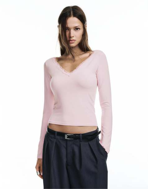 Pull&Bear – Rosa t-shirt med spetskantad ringning - view 1