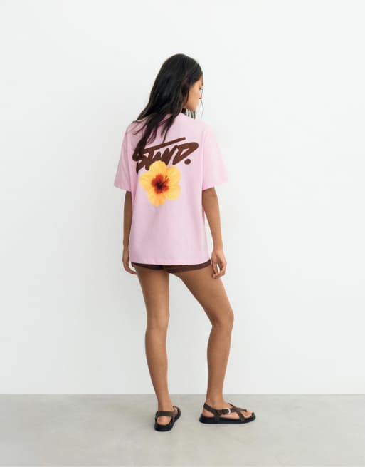 Pull&Bear – Rosa t-shirt med "STWD"-blomtryck, 2 av 4