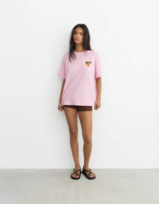Pull&Bear – Rosa t-shirt med "STWD"-blomtryck, 3 av 4