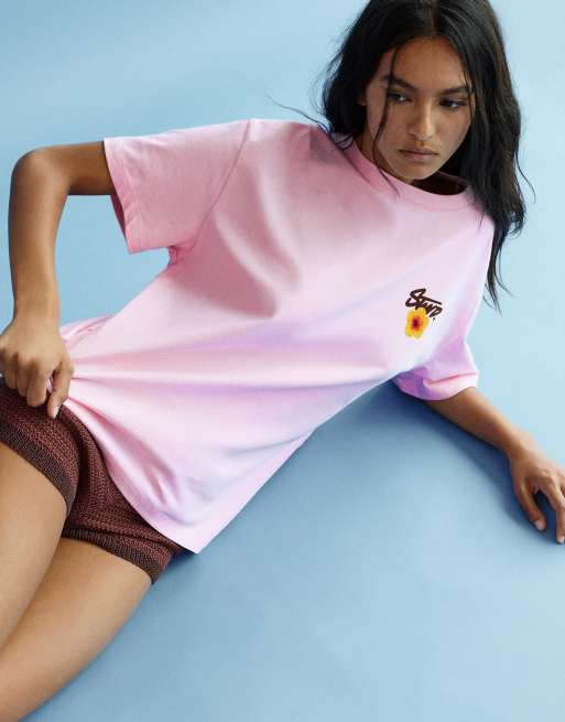 Pull&Bear – Rosa t-shirt med "STWD"-blomtryck, 4 av 4