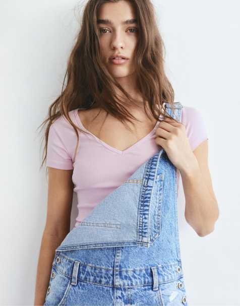 Pull&Bear – Rosa t-shirt med v-ringning - view 1