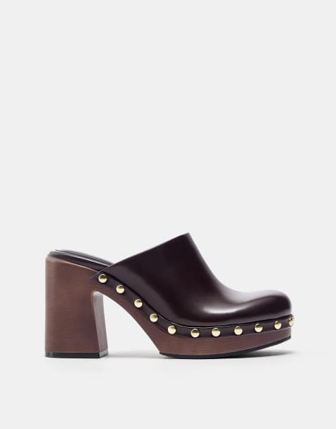 Pull&Bear – Rosa tofflor med blockklack och nitar - view 1