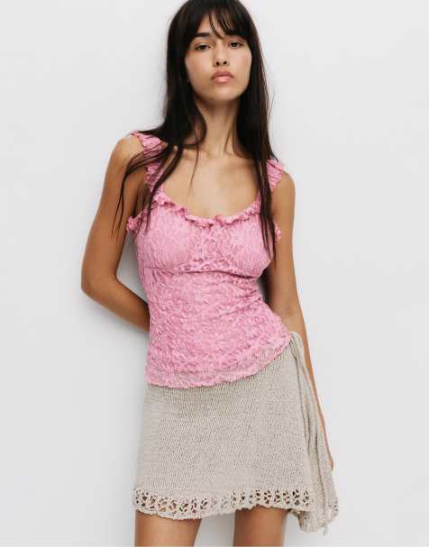 Pull&Bear – Rosa topp med spets och smala axelband - view 1