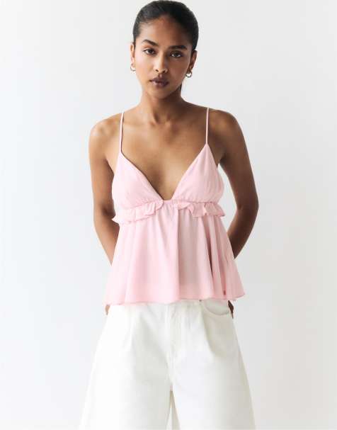 Pull&Bear – Rosa topp med volanger och axelband - view 1